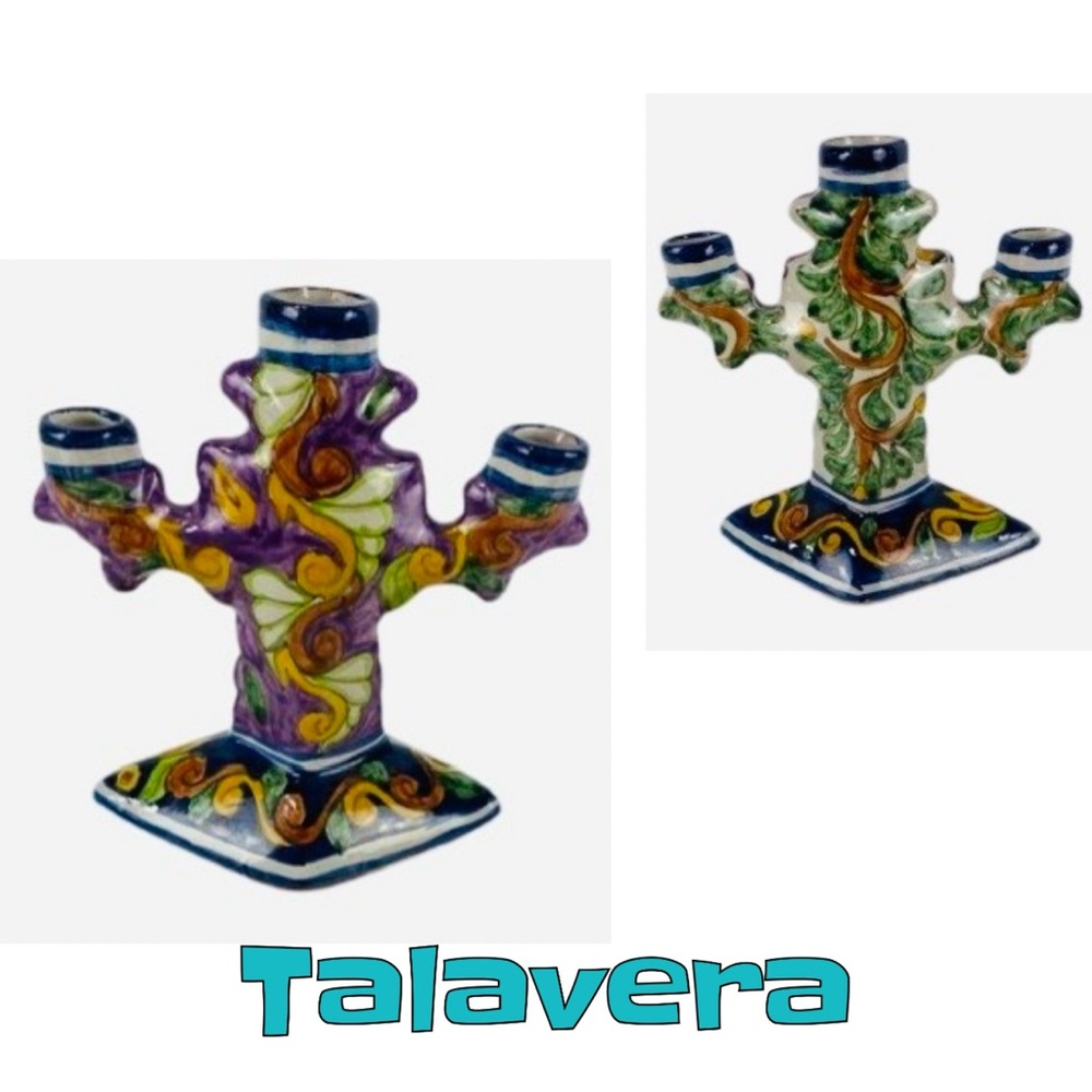 Talavera Colorful Painted Ceramic Candelabra - Made in Mexico - Mixed Print